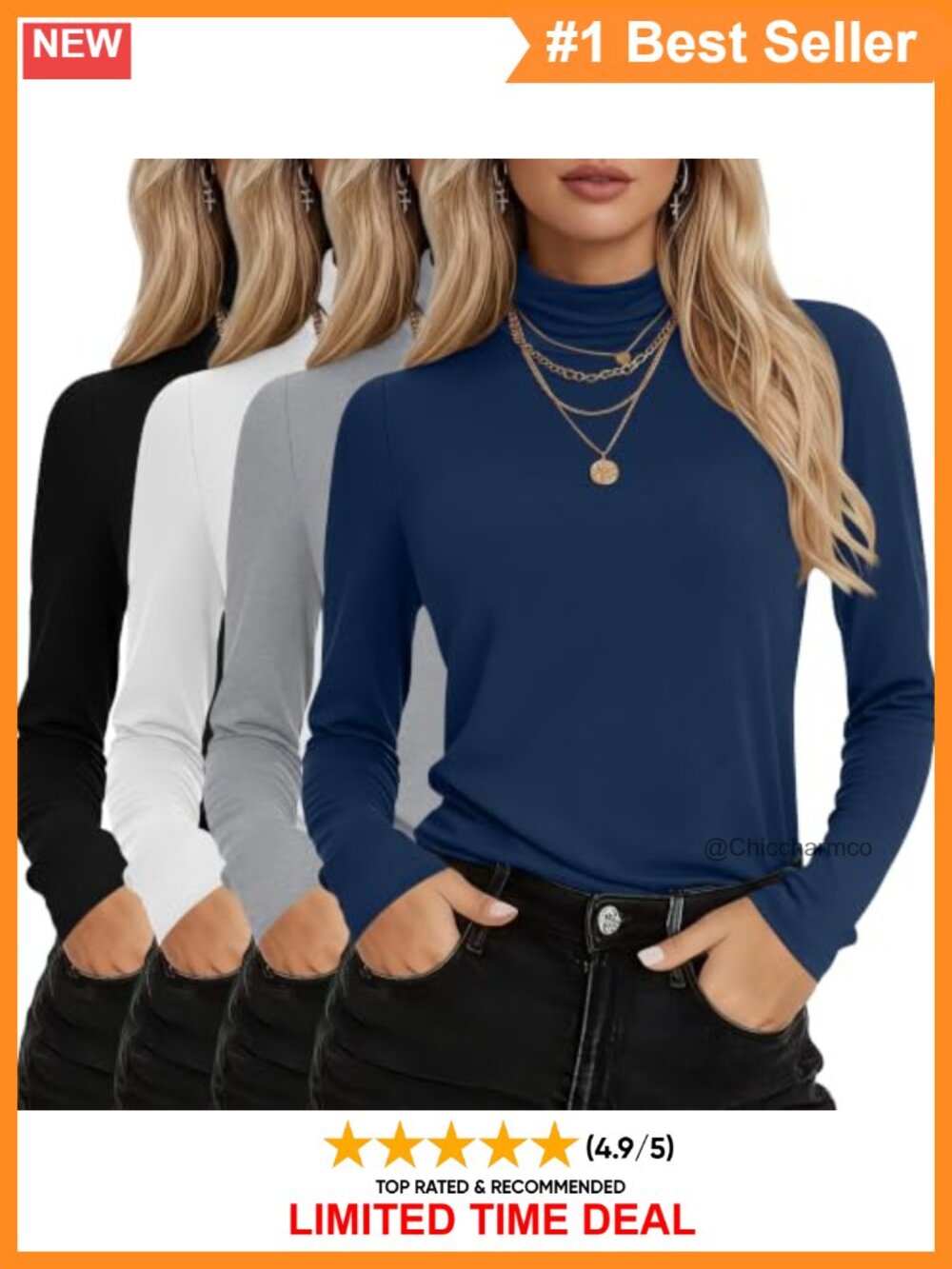 Womens Cotton Turtleneck Tops Long Sleeve Shirt 4 Pack